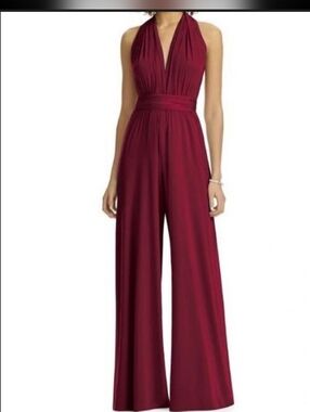 Azazie Burgundy Satin Halter Wide Leg Jumpsuit Womens Size 14